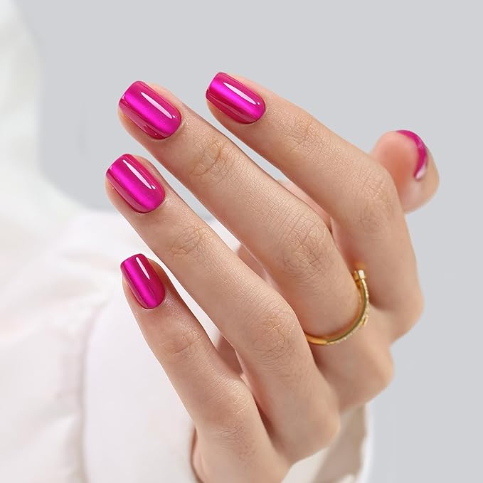 Hot Pink Press on Nails Short - SHANGMENG Soft Gel Cat Eye Press on Nails Square for Women, Naturally & Full Cover Reusable Glue on Nails in 16 Sizes - 32 Fake Nails Kit with Glue, Hot Pink