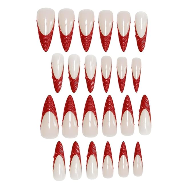 Long Stiletto Press on Nails Nude False Nails Red Dripping Glossy Stick on Nail for Women 24pcs