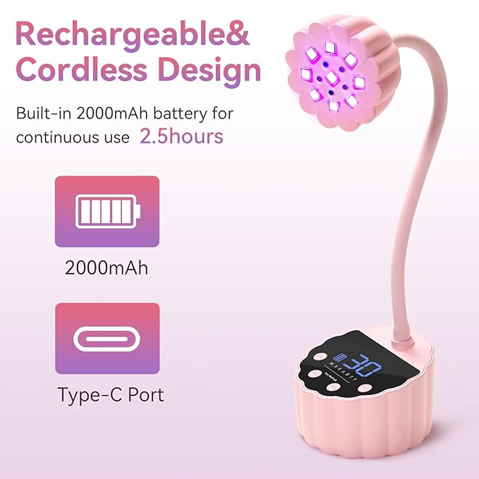 Makartt UV LED Nail Lamp - Gooseneck 34mW/cm² Flash Cure Lamp Rechargeable UV Light for Gel Nails with 4 Times & Auto Sensor USB Cordless Fast Curing Nail Art Design for Salon Home DIY (Pink)