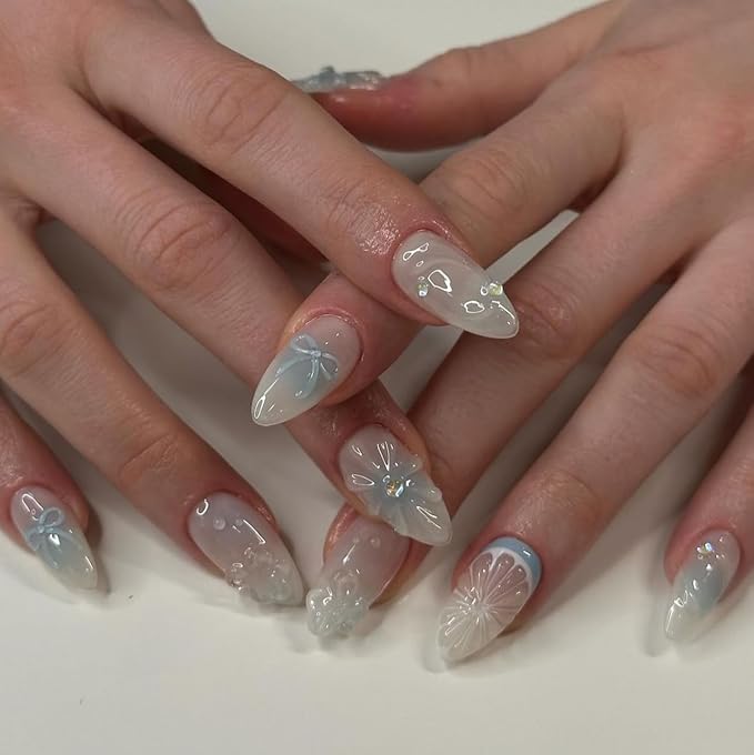 Medium Press on Nails Almond Fake Nails with 3D Lemon Design Blue Ombre Full Cover Stick on False Nails for Women Manicure 24Pcs