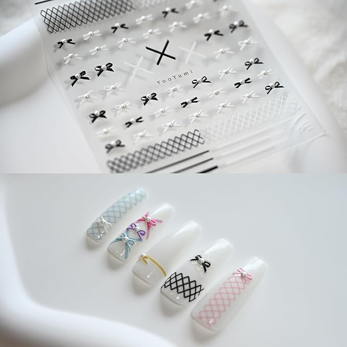 Bow Black White Colorful Nail Art Stickers Pearl Rhinestones Embossed Nail Decals for Nail Art Design Self-Adhesive Nail Accessories for Women Nail Art Supplies 3 Sheets