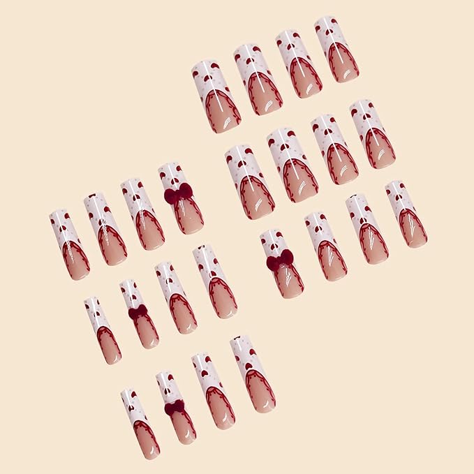 MISUD Press on Nails - Long Square Fake Nails with White French Tip, Acrylic Valentines Heart Design 24 pcs