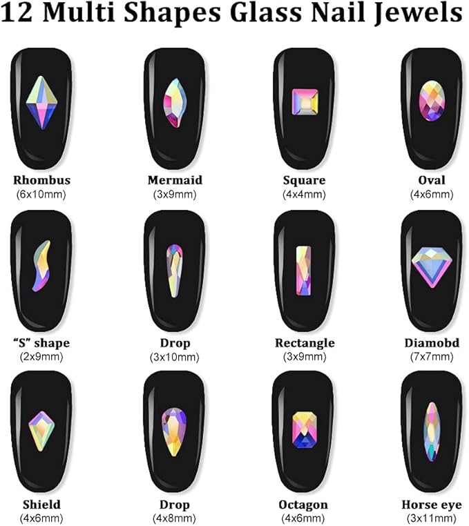 Glass Crystal AB Nail Jewels & Flatback Rhinestones Kit - Multi Shape Nail Gems & Diamonds 3D Charms with Wax Pencil & Tweezers