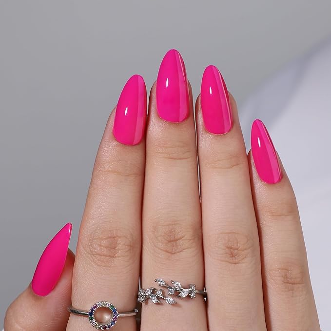 Rose Red Press on Nails with Chrome Fake Nails Designs Thickened Acrylic Nails Short Almond Glue on Nails Solid Color False Nails Full Cover Stick on Nails for Women Girls Manicure Art 32 Pcs