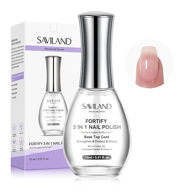 SAVILAND 3-in-1 Base & Top Coat & Nail Strengthener: 15ml Quick Air Dry Clear Nail Polish Nail Strengthener and Growth for Damaged Nails Nail Treatment Glossy Regular Nail Lacquer Women Gift