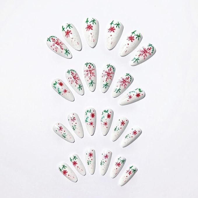 Christmas Press on Nails MABKJLF Medium Almond Fake Nails Green Twig False Nails with Snowflake Designs Full Cover Glossy Glue on Nail Winter Reusable Acrylic Nails for Women Girls 24Pcs