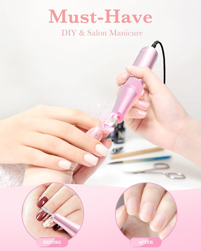 ENGERWALL Rechargeable Nail Drill 35000RPM, Professional Portable Electric Nail File for Acrylic Gel Nails, Cordless E-File Kit with 7 Bits & 56 Sanding Bands for Manicure Pedicure, Pink-Blue