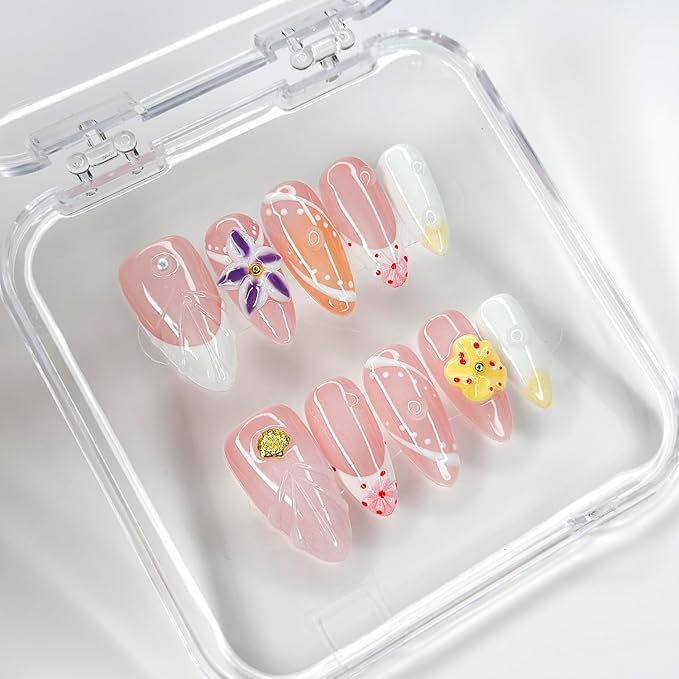 Luxury Press on Nails Medium Almond Handmade 3D Unique Reusable ABS Material Fake Nails French Tip False Nails with Designs Yellow&Purple Floral Art Petal Glossy Glue on Nails Thick Acrylic Nails(S)