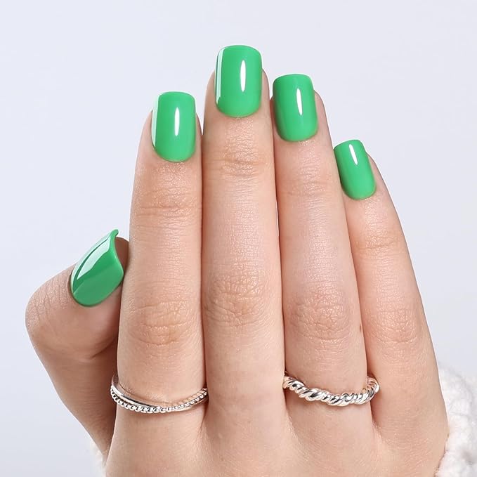 Green Press On Nails Square - Green Short Square Fake Nails, Press On Nails Reusable Stick On Nails in 15 Sizes 30pcs False Nail Kit for Women & Girls (FreshGreen)