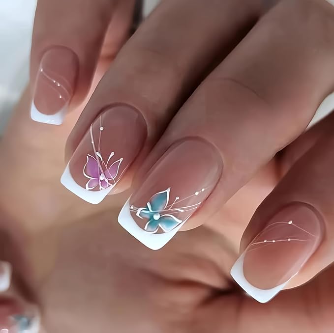 Curvlife Short Press on Nails, 30pcs Acrylic Fake Nails with Design Butterfly Style Full Cover False Nails for Women Reusable Kit with Nail Glue Adhesive Tabs Nail File