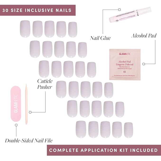Glamnetic Press On Nails - Lilac Gray Fake Nails | Opaque Pale Light Lilac Gray Short Squoval Fake Nails, Salon Quality | 15 Sizes - 30 Nail Kit with Glue