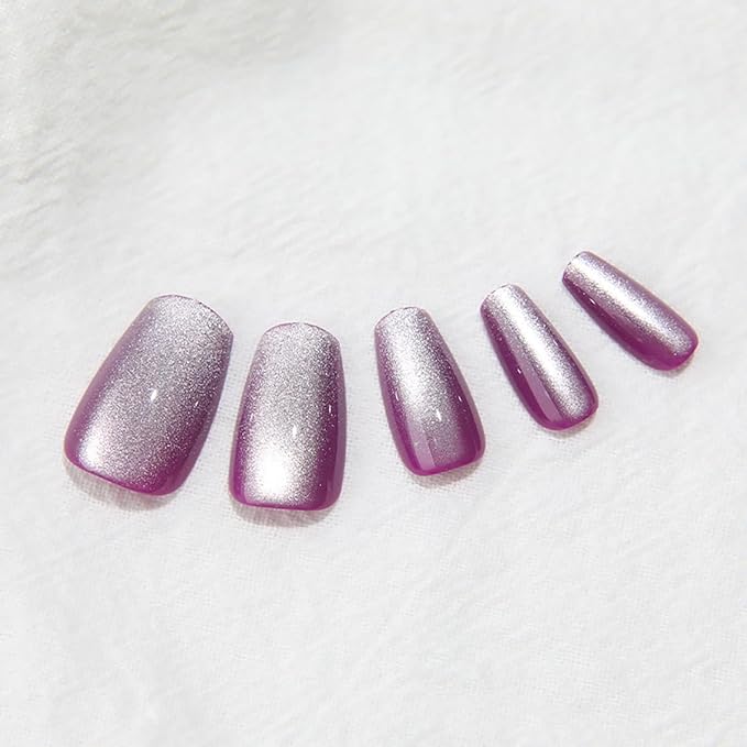 Fall Purple Medium Press On Nails, Cat Eye Coffin Press On Nails, Crystal Glow Design, Ice Glossy Gel Purple Fake Nails, Reusable Acrylic Stick On Nails for Women, Moonlit Amethyst
