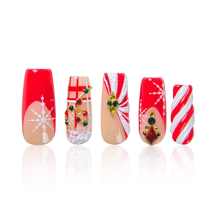 LOVFUL Short French Tip Press on Nails Candy Noel | Handmade Acrylic Press ons| Reusable Fake False Nails | Square Classic Regular 1.3in | H675-M