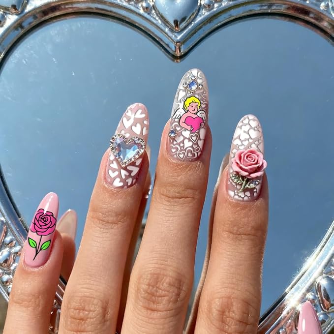 PH PandaHall 3pcs Love Heart Nail Stamping Templates Rose Flower Nail Art Templates Valentine's Day Stencils Angel Stainless Steel Image Plates Tool for Women Print Manicures Salon Design