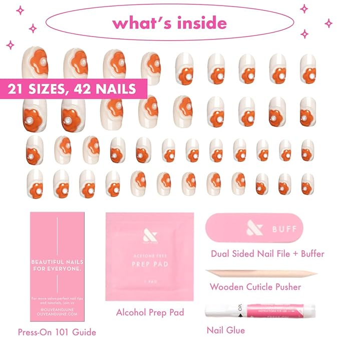 Olive & June Maximalist Instant Mani Press-On Nails (Glue) | 42 Fake Nails, 21 Sizes | Non-Toxic, Long-Lasting Big, Bold Gorgeous Realistic Look | Salon-Quality | Short, Round | Puffy Bubble Flowers