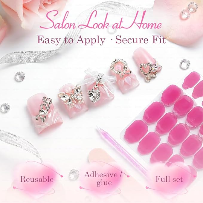 10 Pieces Luxury Acrylic Press On Nails Short Handmade Duck Nails, Pink Thickened False French Nails, 2026 3D Decoration, Rhinestones, Lace Bows And Butterflies, New Years Nails (L)
