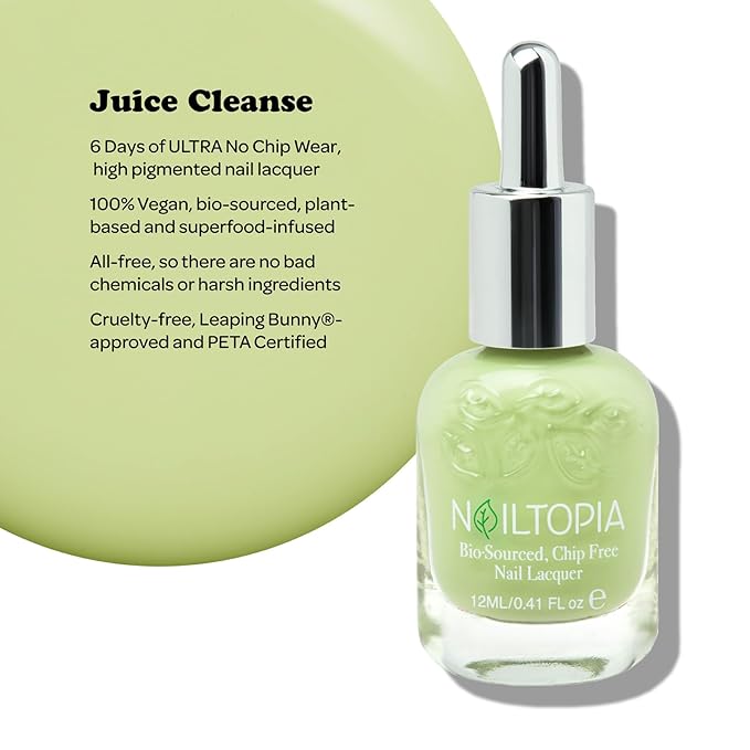 Nailtopia - Plant-Based Chip Free Nail Lacquer - Non Toxic, Bio-Sourced, Long-Lasting, Strengthening Polish - Juice Cleanse (Pastel Green) - 0.41oz