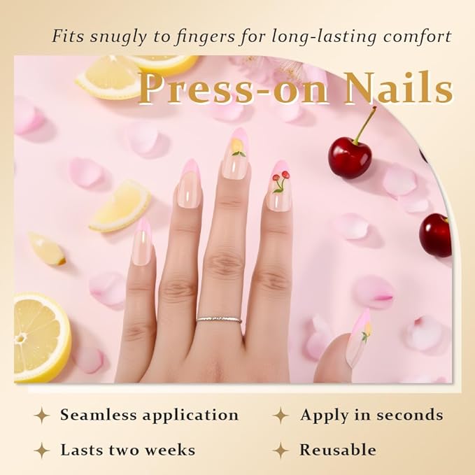 evpct French Tip Press on Nails Medium Almond, Nude + Pink Tips, 3D Fake Nails Kit with 3D Fruits Designs, Berry & Strawberry & Orange & Grape, Stick on Nails with Nail Kit, Reusable Stick on Nail Kit