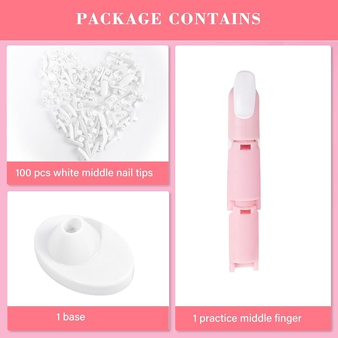 Practice Fingers for Acrylic Nails, Flexible Movable Fake Finger to Practice Fake Nails, 1PC Adjustable Pink Nail Finger Practice, 1PC White Acrylic Finger Base and 100PCS White Nail Tips