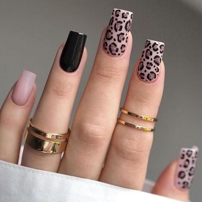 Black Pink Semi Cured Gel Nail Strips 20Pcs Leopard Gel Nail Stickers UV/LED Light Needed Full Polish Self Adhesive Nails Wraps with Design Glossy Nails Polish Strips for Women