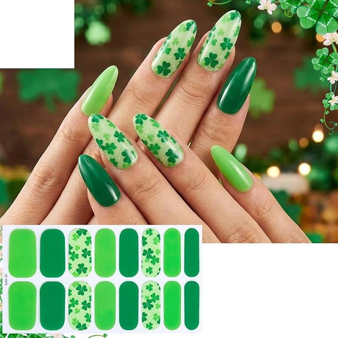 4 Sheets St Patrick’s Day Gel Nail Stickers for Nail Art Green Shamrock Gel Nail Polish Strips Clover with Glitter Design Irish Stickers Full Wrap Gel Nail Strips Sticker for Women Manicure Salon