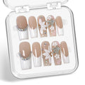 White French Tip Press on Nails Flower Handmade Press on Nails with Rhinestone Designs Long Coffin Shaped Fake Nails Full Cover Thick Acrylic and Muti-Layer Gel Stick on Nails for Women（S)