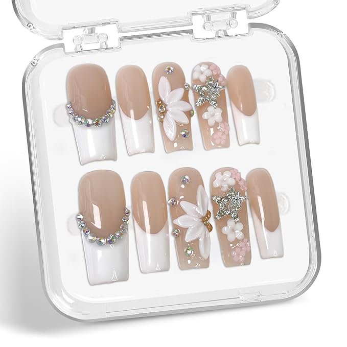 White French Tip Press on Nails Flower Handmade Press on Nails with Rhinestone Designs Long Coffin Shaped Fake Nails Full Cover Thick Acrylic and Muti-Layer Gel Stick on Nails for Women（S)