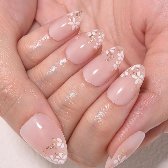evpct 3D Nude Pink Press on Nails Short Almond with Gold White Flower Design, Short Almond Stick on Nails for Women Gift with Kit, Reusable Soft Gel Acrylic Press on Fake Nail with Floral Design
