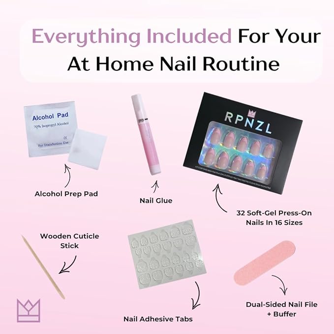 Press On Nails - BubbleGum French | 3D Pink French Tip, UV Finish Almond Nails, Reusable | 32 Nails, 16 Sizes Kit with Glue and Adhesive Tabs I Female Founded