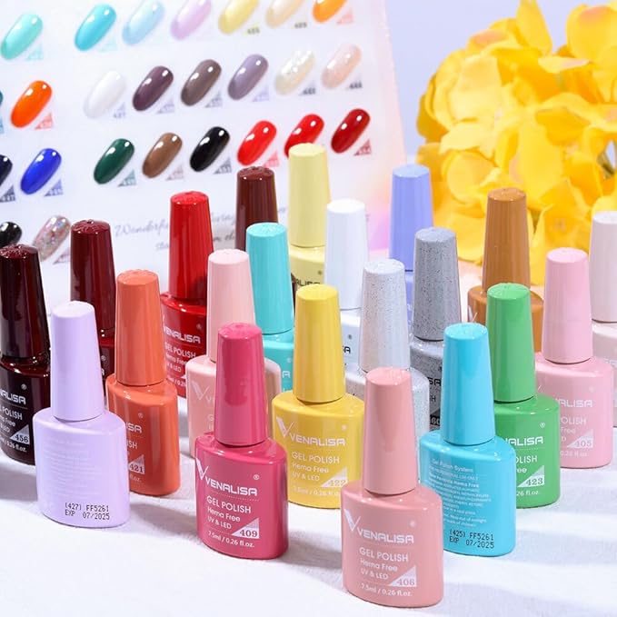 VENALISA VIP4 Gel Nail Polish Kit of 65 Pcs With Color Book Red Pink Orange Green Colors Gel Polish Set Soak Off UV Gel Salon Nail Art DIY at Home Manicure