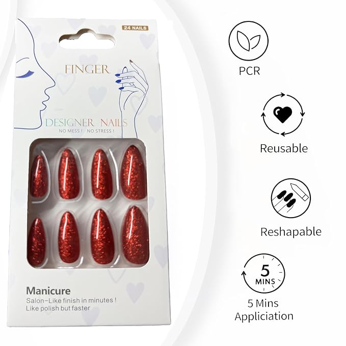 Red Press on Nails,Handmade Series Medium Almond nails Glitter False Nail Shape Galaxy False Nail Set Stick Gel Nail Kit Reusable Full Set of 24pcs