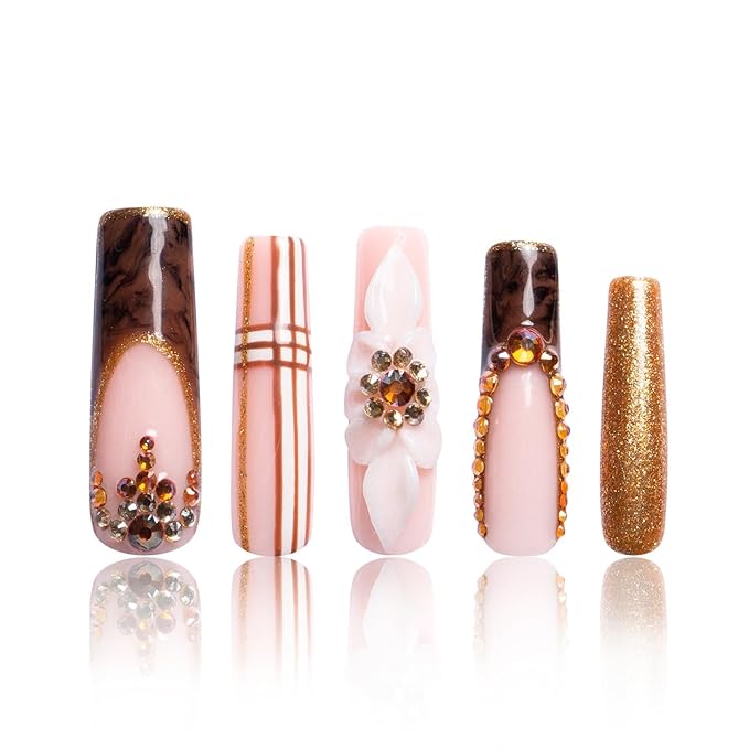 LOVFUL Press on Nails Luxurious Autumn Harvest| Handmade with Full Covered Crystals| Reusable Fake Nails| Square Mid length 1.7in| H344-L