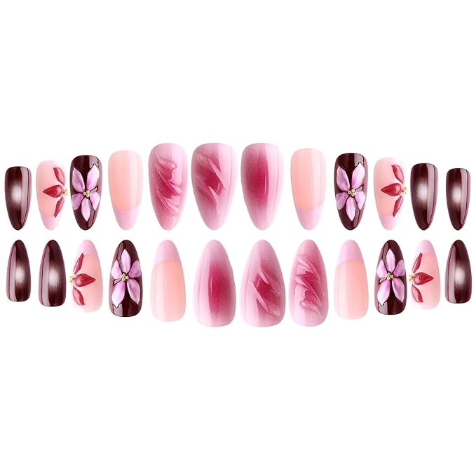 Flower Press on Nails Medium Almond Fake Nails French Tip False Nails 3D Flower Nails Press Ons with Gold Rhinestones Design Glossy Glue on Nail Gradient Stick on Nail for Women Set 24Pcs