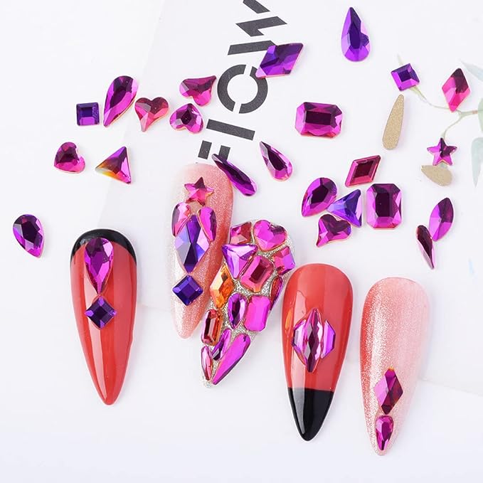 Nail Rhinestones Kit - 1000Pcs/Box Multi Shapes Glass Crystal Diamond Flatback Professional Art Decorations DIY Craft With Picker, Purple