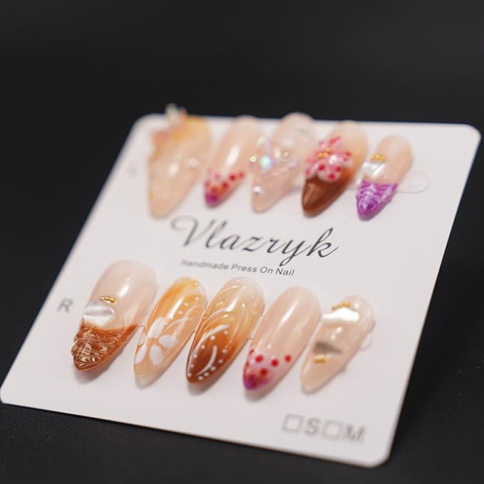 Handmade Press-On Nails – Medium Almond French Tip 3D Butterfly & Brown gradient Flowers Nails,Salon-Quality Reusable Fake Nails,Handcrafted Multi-Layer Gel & Acrylic Nails (10PCS)