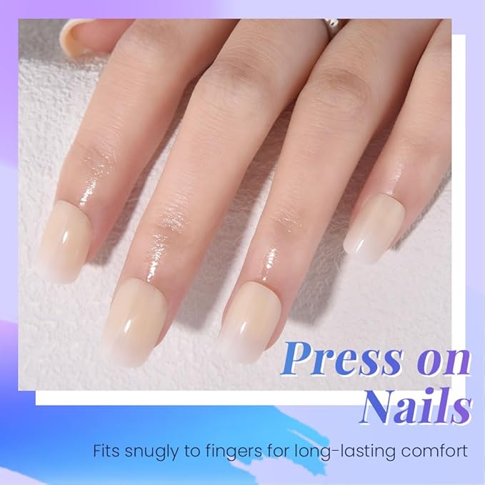 Khaki White Ombre Press on Nails, Short Square Acrylic Fake Nails Design, Natural Reusable Nails Kit for Women DIY False Nail Art Decoration Gift, Salon Quality Reusable 15/30 Pcs