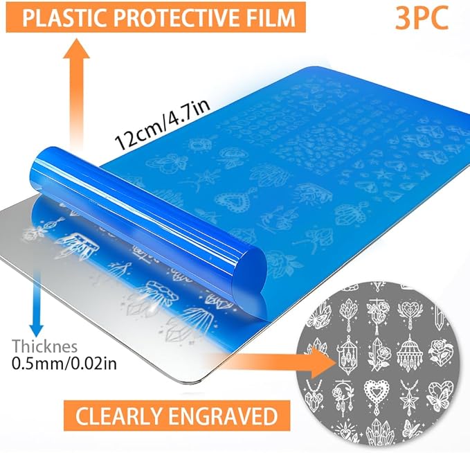 PH PandaHall 3pcs Crystals Nail Stamping Plates, Quartz Crystal Nail Art Templates Brilliant Crystal Stone Stainless Steel Image Plate Art Stencils with Tool for DIY Print Manicures Salon Design