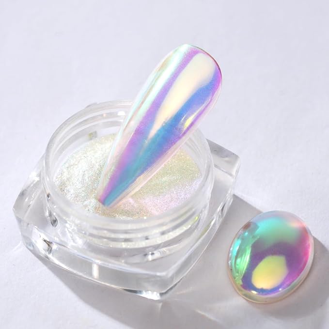 Pretty Diva 0.3g Unicorn Chrome Nail Powder, Aurora Iridescent Chrome Powders for Nails, Mermaid Chrome Powder for Gel Nails Chrome Mica Powder Manicure Pigment (Aurora, 0.3g)