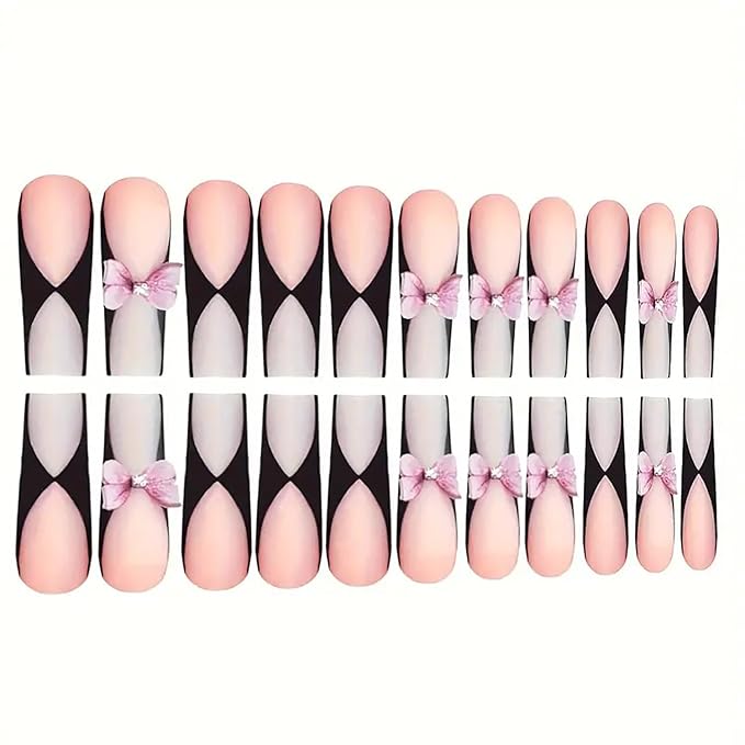 Press on Nails Coffin Long Length Acrylic Glossy Full Cover Square Shaped French False Nails with Designs Artificial Extra Long Fake Nails with Charms Glue ons Fingernails for Women(XXS222)
