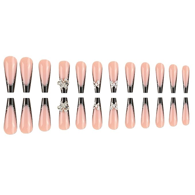 Press on Nails Long Coffin MABKJLF Black French Tip Fake Nails Full Cover False Nails with Butterfly Rhinestones Designs Glitter Glossy Stick on Nails Artificial Nails for Women Girls 24 Pcs