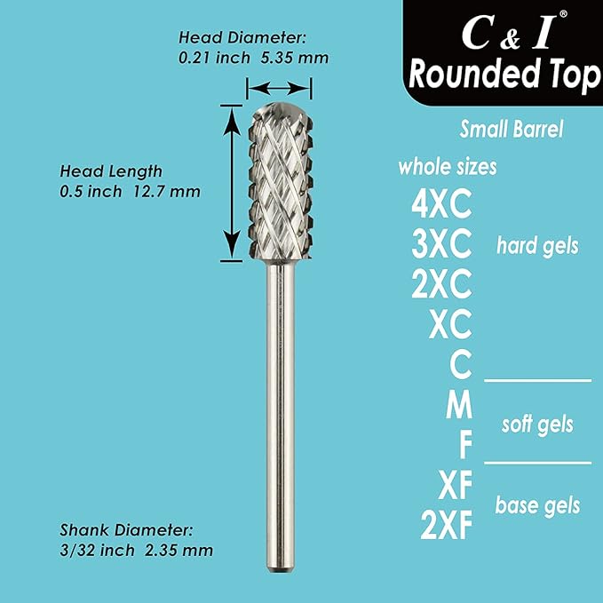 C & I Small Barrel Rounded Top Nail Drill Bit with Teeth on the Top, Professional Electric File for Manicure Drill Machine, Remove Nail Gels 3/32” (Double Fine -2XF)