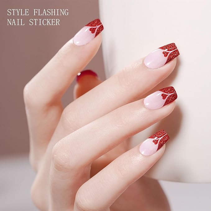 JMEOWIO Gel Nail Stickers Valentines Day Cream Pink Glitter Red Heart Semi Cured Gel Nail Strips Wraps UV/LED Nails Art Design Decoration Accessories