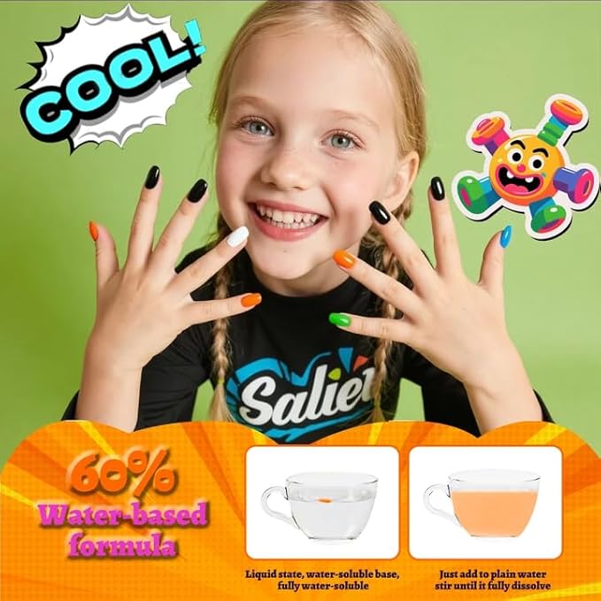 Kids Nail Polish with Stickers, Non-Toxic Toddler Nail Polish, Water-Based, Peelable Polish for Kids, for Party, Holiday Favors, Party Favors