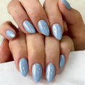 Chrome Baby Blue Press on Nails Short Almond, Glazed Cute Fake Nails with Sparkle Mirror Design, Shiny Glitter Glue on Nails Stiletto, Gel Nail Press ons with Glue for Fingernail 30 Pcs