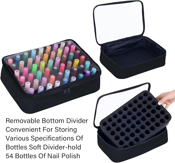 Small Clear Nail Polish Organizer Case Holds 54 Bottles(15ml-0.5fl.oz) Multifunctional Nail Polish Bag, Cosmetic Travel Makeup Bags for Women, Black