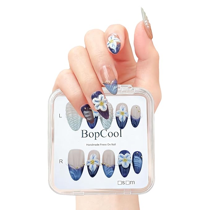 Handmade Press-On Nails – Medium Almond Thick Acrylic Gel Nails, Reusable 3D Flower False Nails, Gradient Blue French Tip Manicure – Salon-Quality DIY Nail Art(10PCS-M)