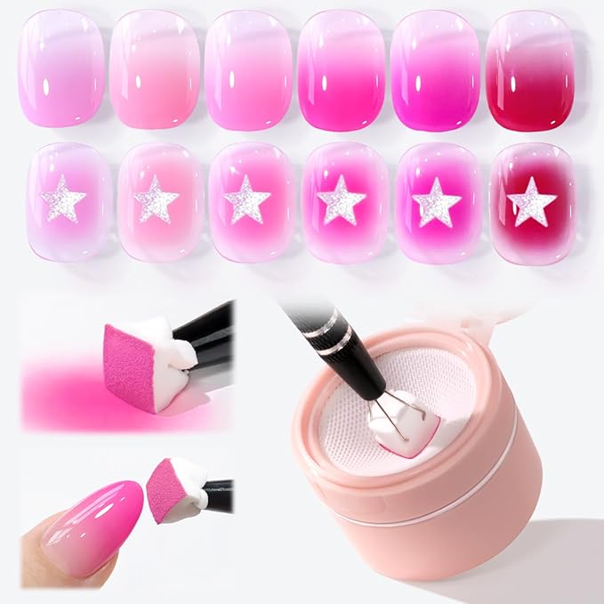 Double Rhythm Painting Gel Polish Set for Nail Art Palette Patting Gel Polish 6 Colors with 100 Pcs Sponges and Grabbing Pen (Pink Rose Purple-T6-67)