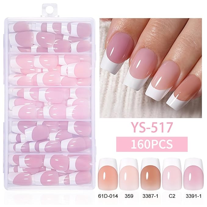 160Pcs White French Tip Press on Nails Medium Square Fake Nails French Tip Nails Press Ons 5 Color Glossy Soft Gel False Nail Full Cover Acrylic Glue on Nail for Women Manicure 5Pack