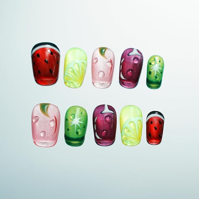 Glitter Press on Nails Short Coffin Summer Fruit Nails Cateyes with 3D Water Drop, Hand-painted Watermelon & Lemon Art, Reusable Acrylic Full Cover Fake Nails, 10pcs (Fruit Party,S)