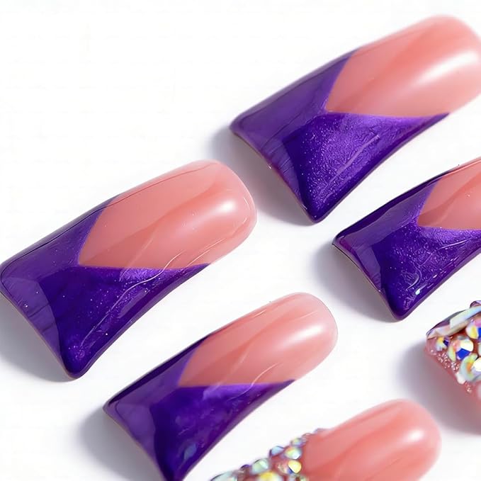 10 Pieces Handmade Luxury Metallic Electric Purple Shimmer With AB Crystal Shine Long Press On Nails With Bling Rhinestones And Y2K Princess Vibes, Reusable Acrylic Nails (L)